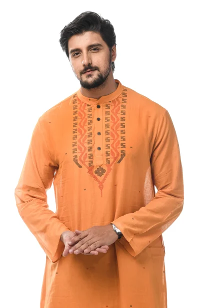 Cotton Jamdani Kurta - Yellowish Orange