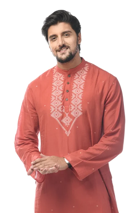 Cotton Jamdani Kurta - Brick Red