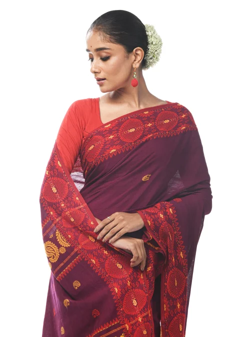 Dokhna Cotton Saree - Wine Colour - Image 3