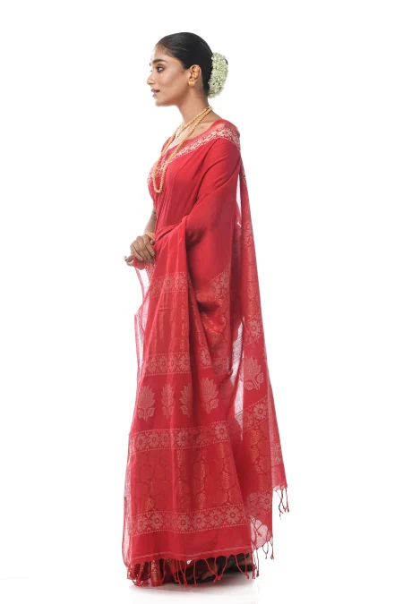 Handwoven Tangail Cotton Saree with Jori Work - Pinkish Red - Image 3
