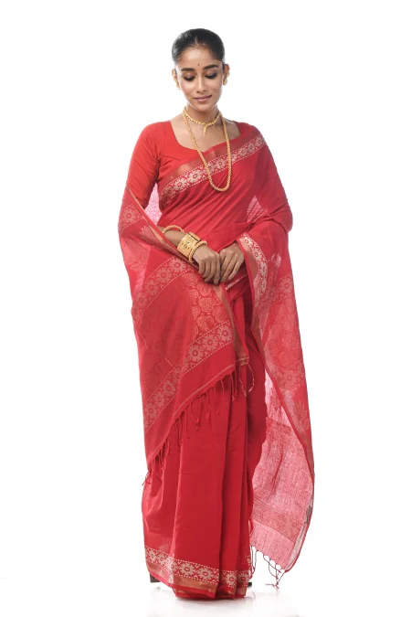 Handwoven Tangail Cotton Saree with Jori Work - Pinkish Red - Image 4