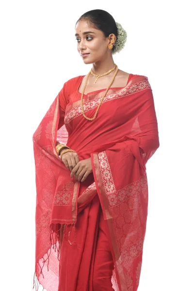 Handwoven Tangail Cotton Saree with Jori Work - Pinkish Red