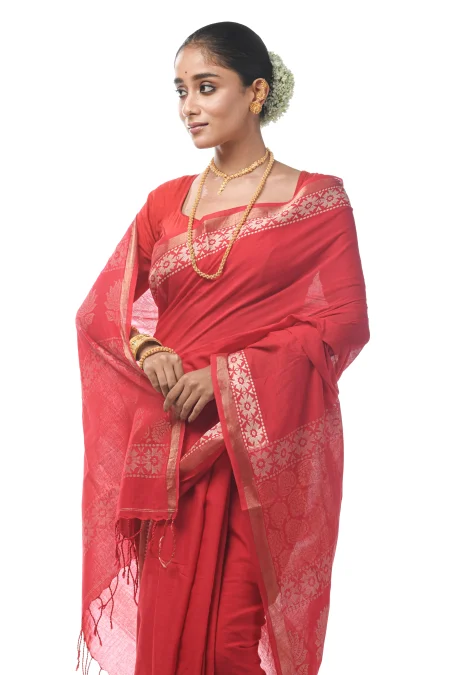 Handwoven Tangail Cotton Saree with Jori Work - Pinkish Red