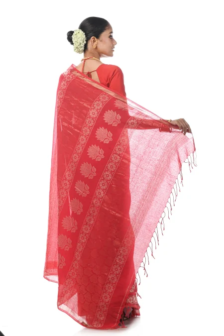 Handwoven Tangail Cotton Saree with Jori Work - Pinkish Red - Image 2