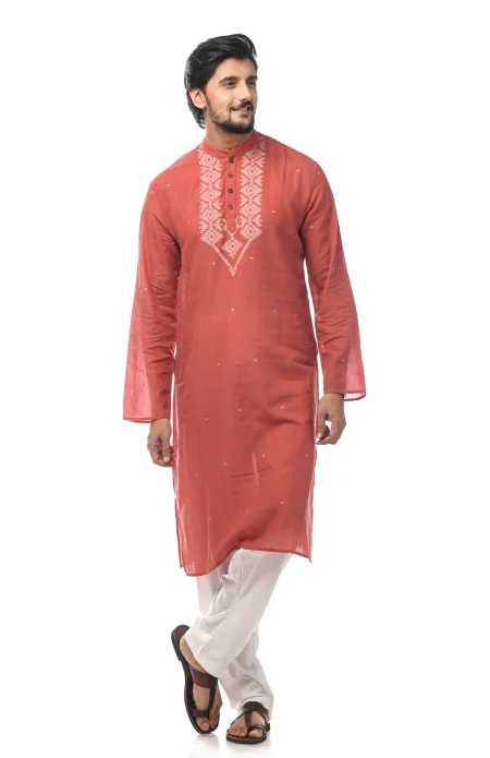 Cotton Jamdani Kurta - Brick Red - Image 2
