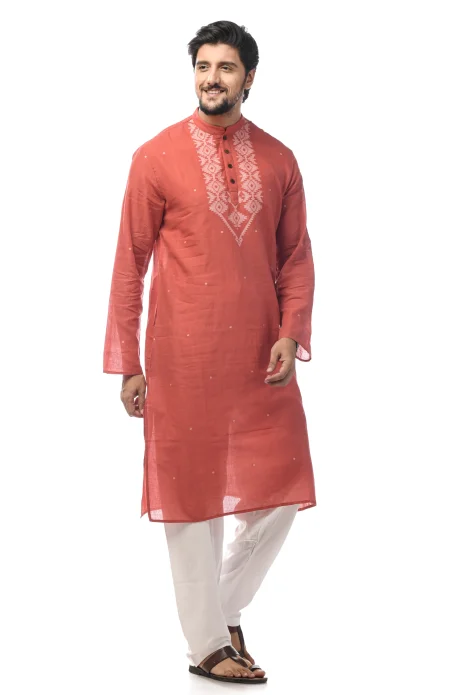 Cotton Jamdani Kurta - Brick Red - Image 3