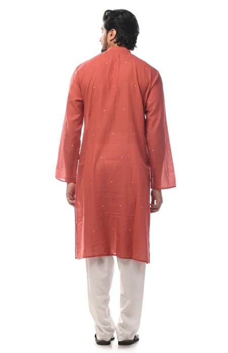 Cotton Jamdani Kurta - Brick Red - Image 4