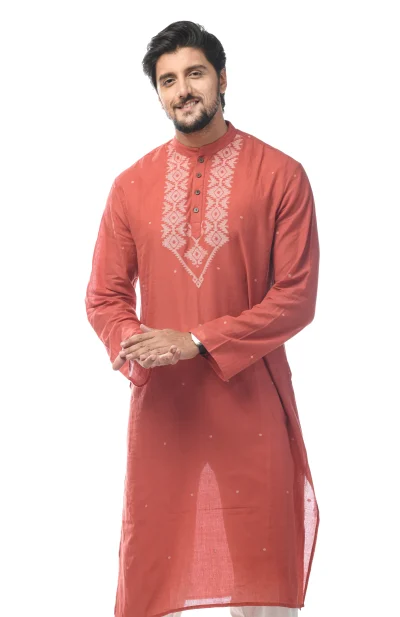 Cotton Jamdani Kurta - Brick Red