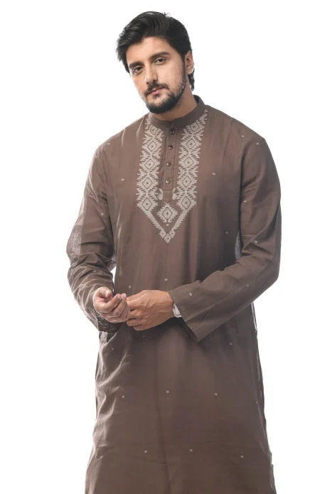 Cotton Jamdani Kurta - Brown - Image 2