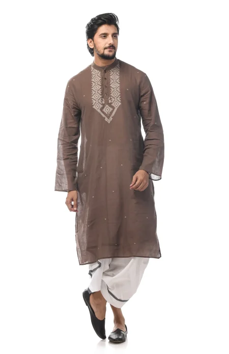 Cotton Jamdani Kurta - Brown - Image 3