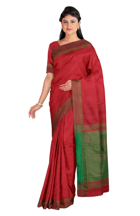 Handwoven Tangail Silk Saree - Brick Red - Image 2