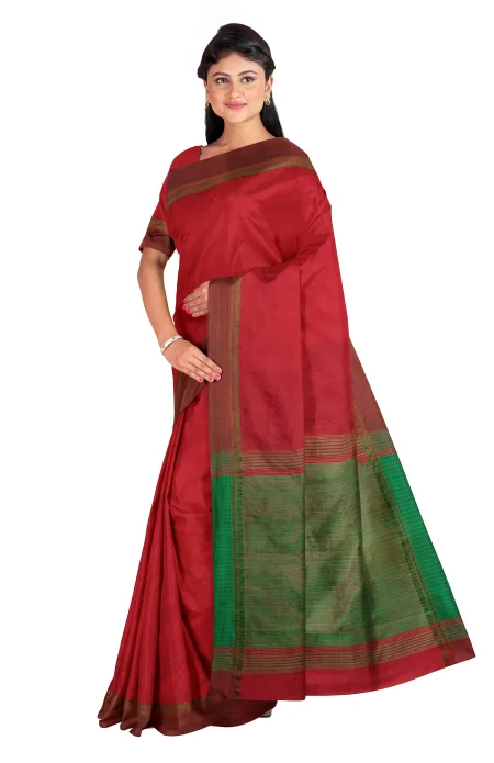 Handwoven Tangail Silk Saree - Brick Red - Image 3