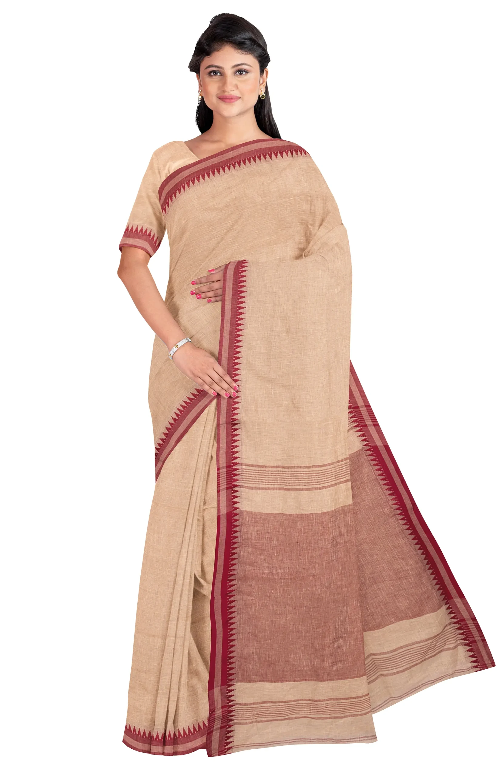 Handwoven Tangail Saree - Beige - Image 2