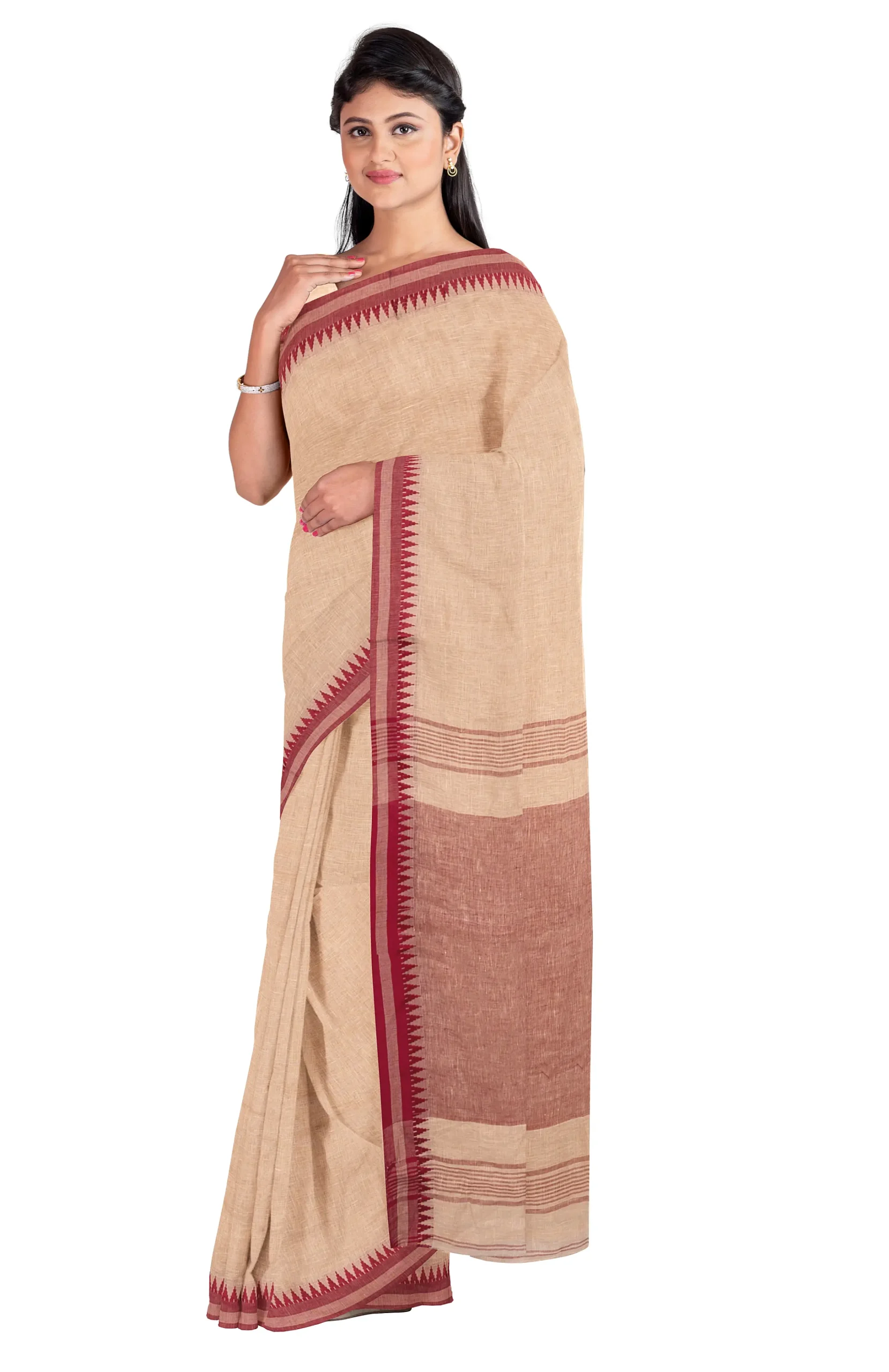 Handwoven Tangail Saree - Beige - Image 3