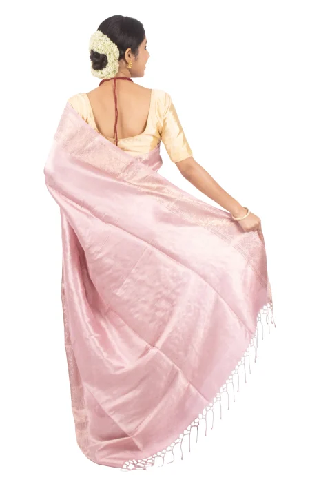 Handwoven Tangail Silk Saree with Zari Work - Pink - Image 3