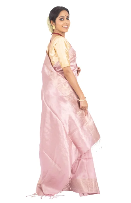 Handwoven Tangail Silk Saree with Zari Work - Pink - Image 2