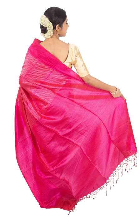 Handwoven Tangail Silk Saree with Zari Work - Pink - Image 3