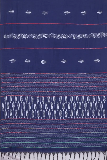 Khes Kantha Cotton Saree - Blue - Image 4