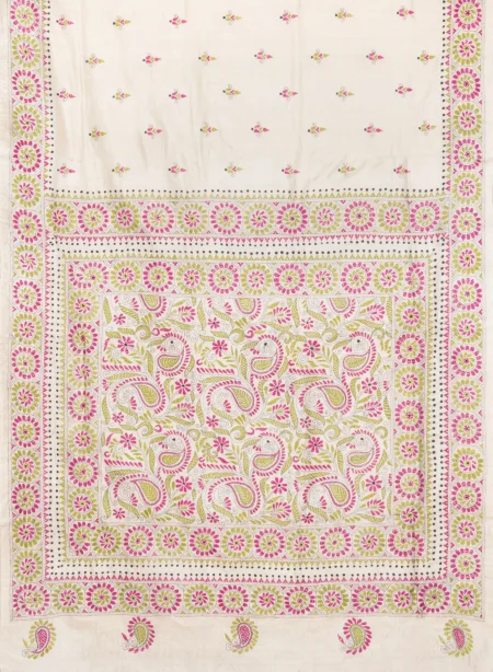 Handcrafted Kantha Tussar Silk Saree – Multi Colour - Image 4