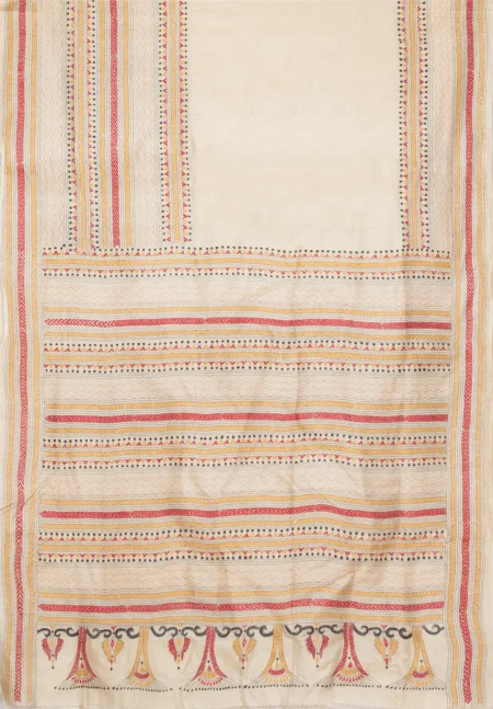 Handcrafted Kantha Tussar Silk Saree – Multi Colour - Image 4