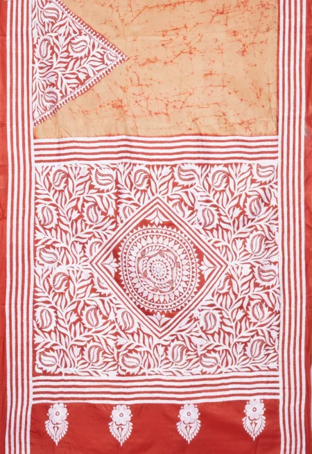 Handcrafted Kantha Batik Silk Saree - Brown - Image 4