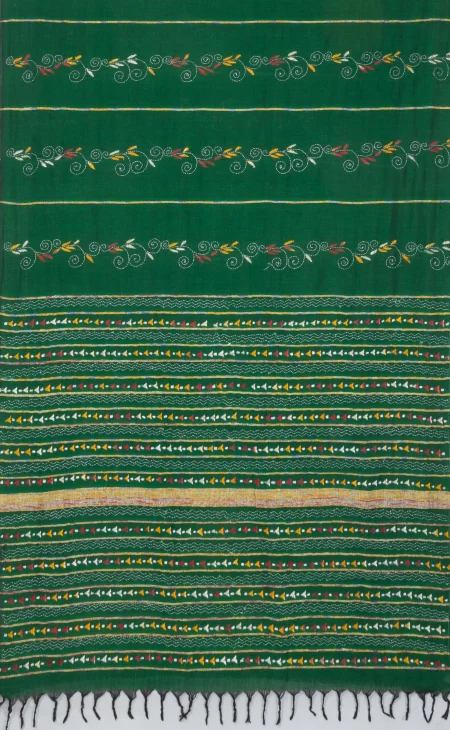 Khes Kantha Cotton Saree - Green - Image 4