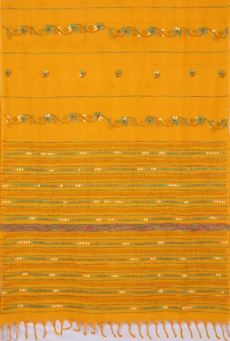 Khes Kantha Cotton Saree - Mustard Yellow - Image 3
