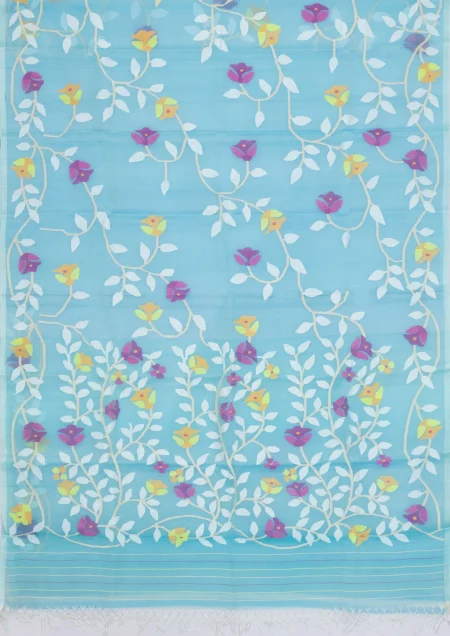 Kora Silk Jamdani Saree - Sky Blue - Image 4