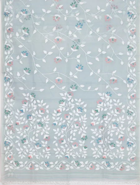 Kora Silk Jamdani Saree - Metallic Silver - Image 4