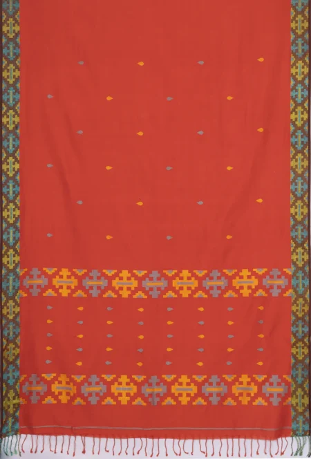Handwoven Tangail Cotton Saree with Mina Work - Rust - Image 4