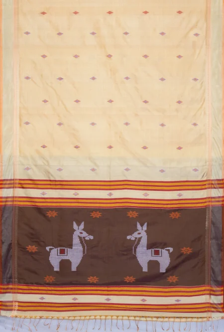 Handwoven Bishnupuri Silk Saree - Beige - Image 4