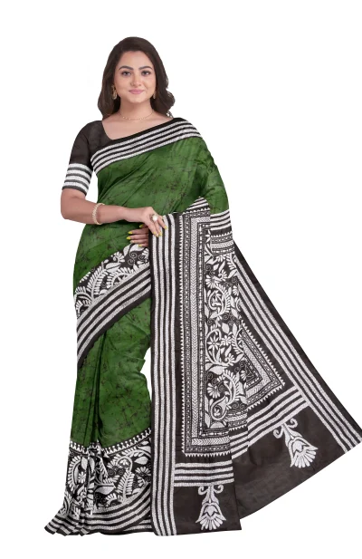 Handcrafted Kantha Batik Silk Saree - Multi Colour