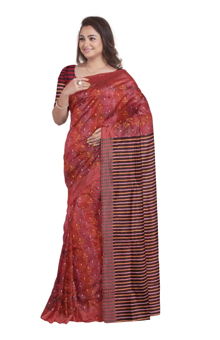 Handcrafted Kantha Silk Saree - Maroon - Image 3