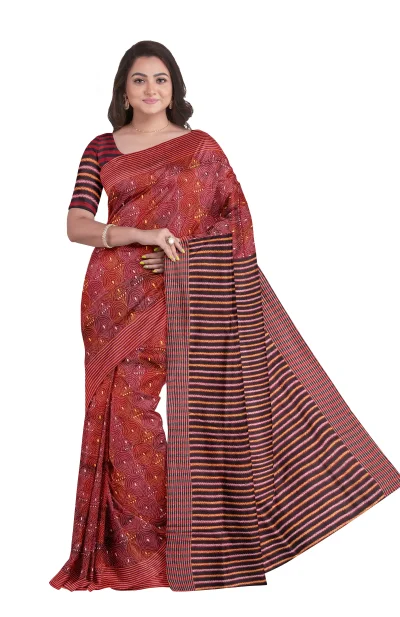 Handcrafted Kantha Silk Saree - Maroon