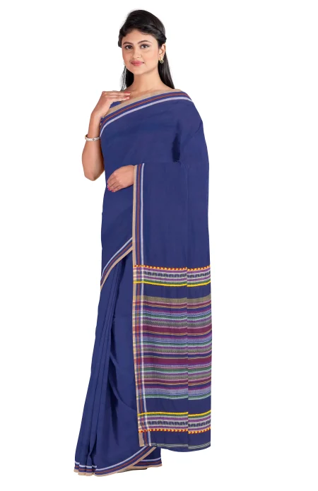 Handwoven Tangail Cotton Saree - Blue - Image 3