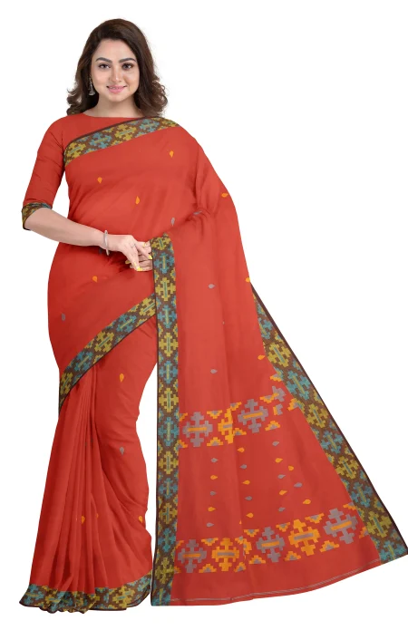 Handwoven Tangail Cotton Saree with Mina Work - Rust - Image 3