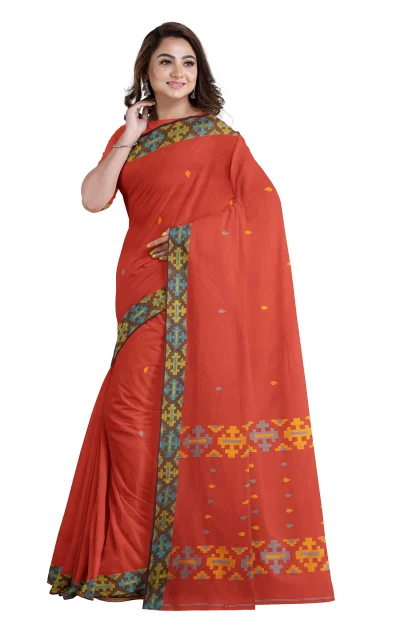 Handwoven Tangail Cotton Saree with Mina Work - Rust