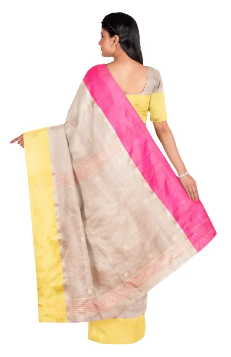 Handwoven Tangail Silk Saree with Zari Work - Grey - Image 2