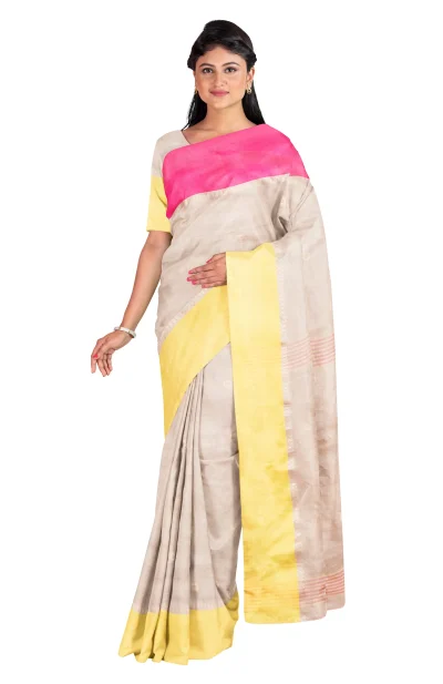 Handwoven Tangail Silk Saree with Zari Work - Grey