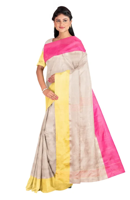Handwoven Tangail Silk Saree with Zari Work - Grey - Image 3