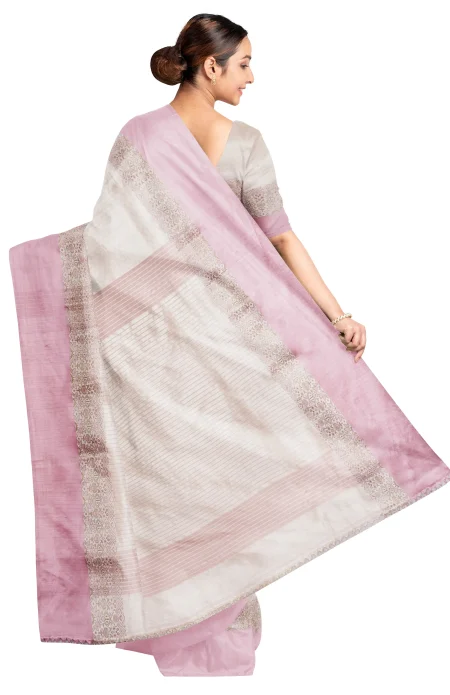 Handwoven Tangail Silk Saree - Off-White - Image 2