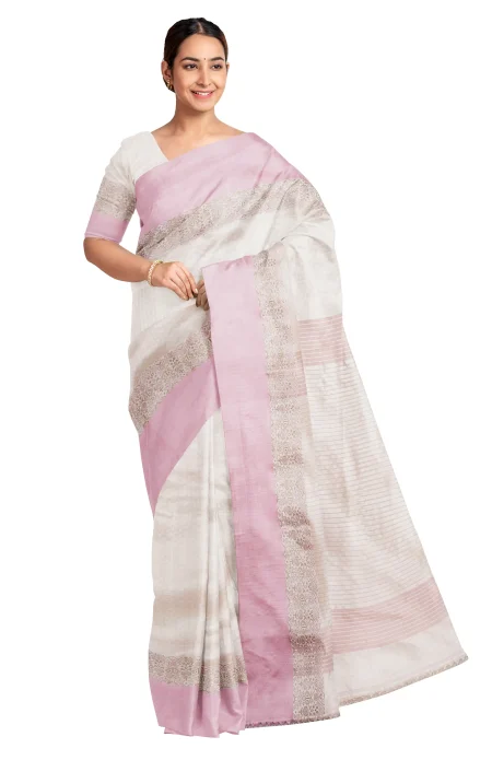 Handwoven Tangail Silk Saree - Off-White - Image 3