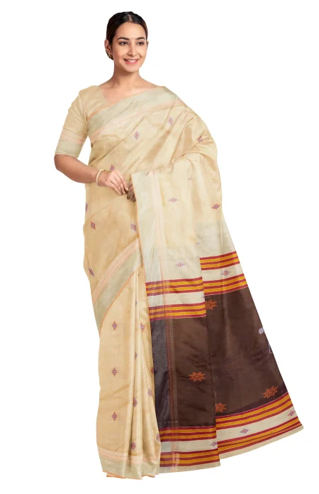 Handwoven Bishnupuri Silk Saree - Beige - Image 3