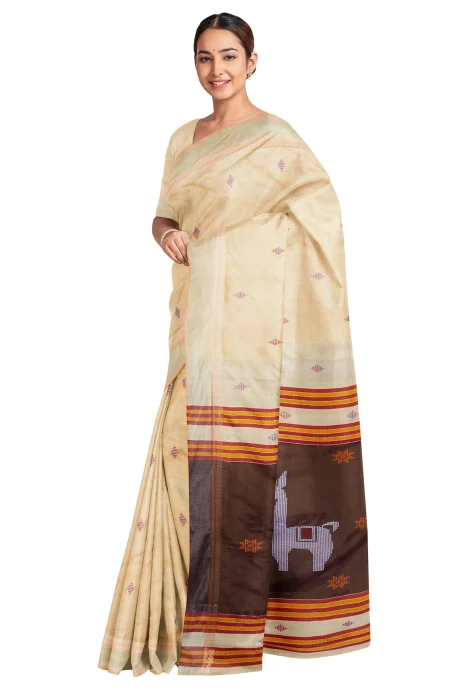 Handwoven Bishnupuri Silk Saree - Beige - Image 2