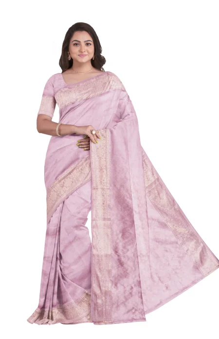 Handwoven Tangail Silk Saree with Zari Work - Peach - Image 2