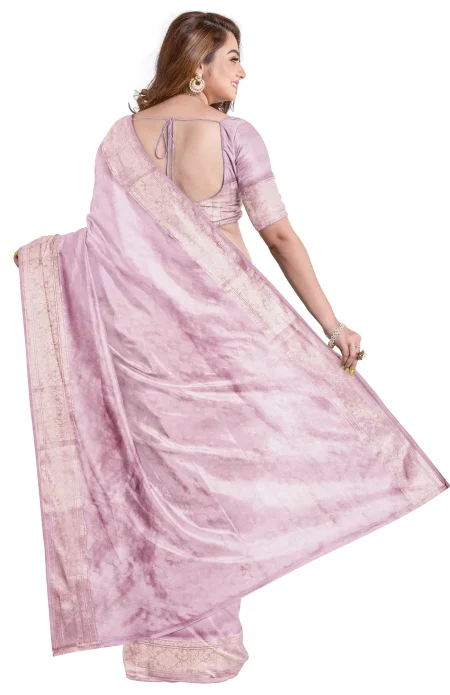 Handwoven Tangail Silk Saree with Zari Work - Peach - Image 3