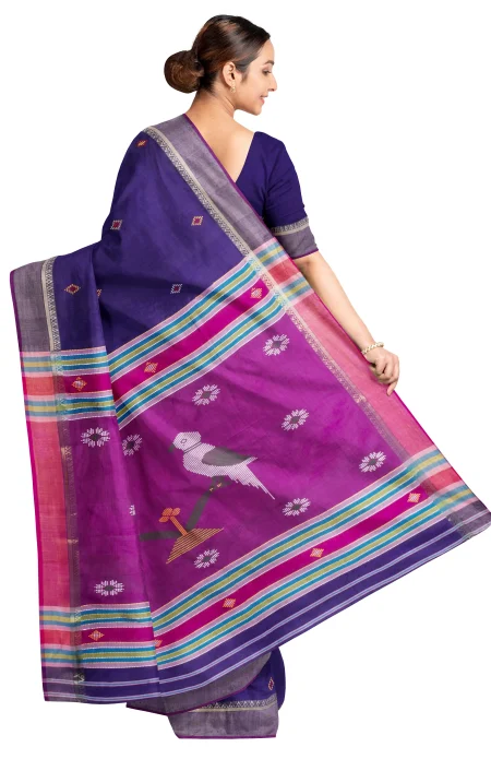 Handwoven Bishnupuri Silk Saree - Blue & Purple - Image 2