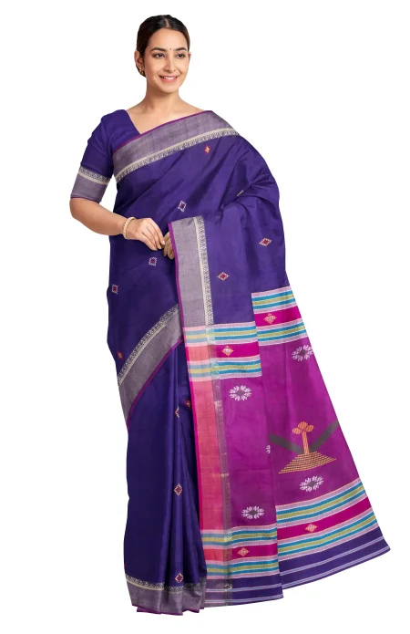 Handwoven Bishnupuri Silk Saree - Blue & Purple - Image 3