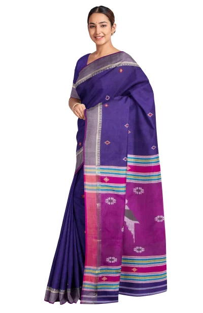 Handwoven Bishnupuri Silk Saree - Blue & Purple