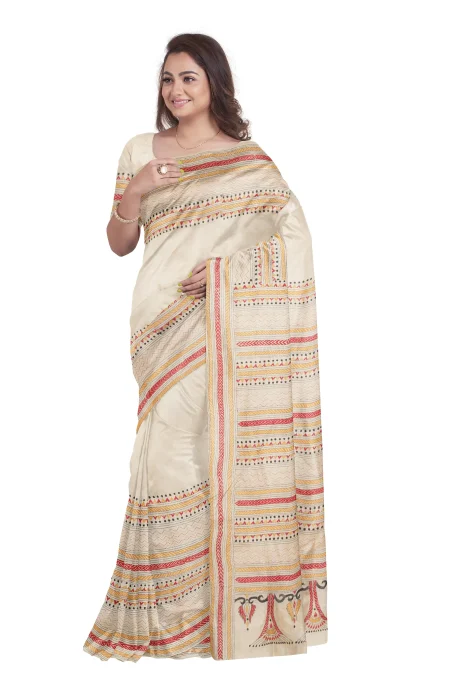 Handcrafted Kantha Tussar Silk Saree – Multi Colour - Image 3